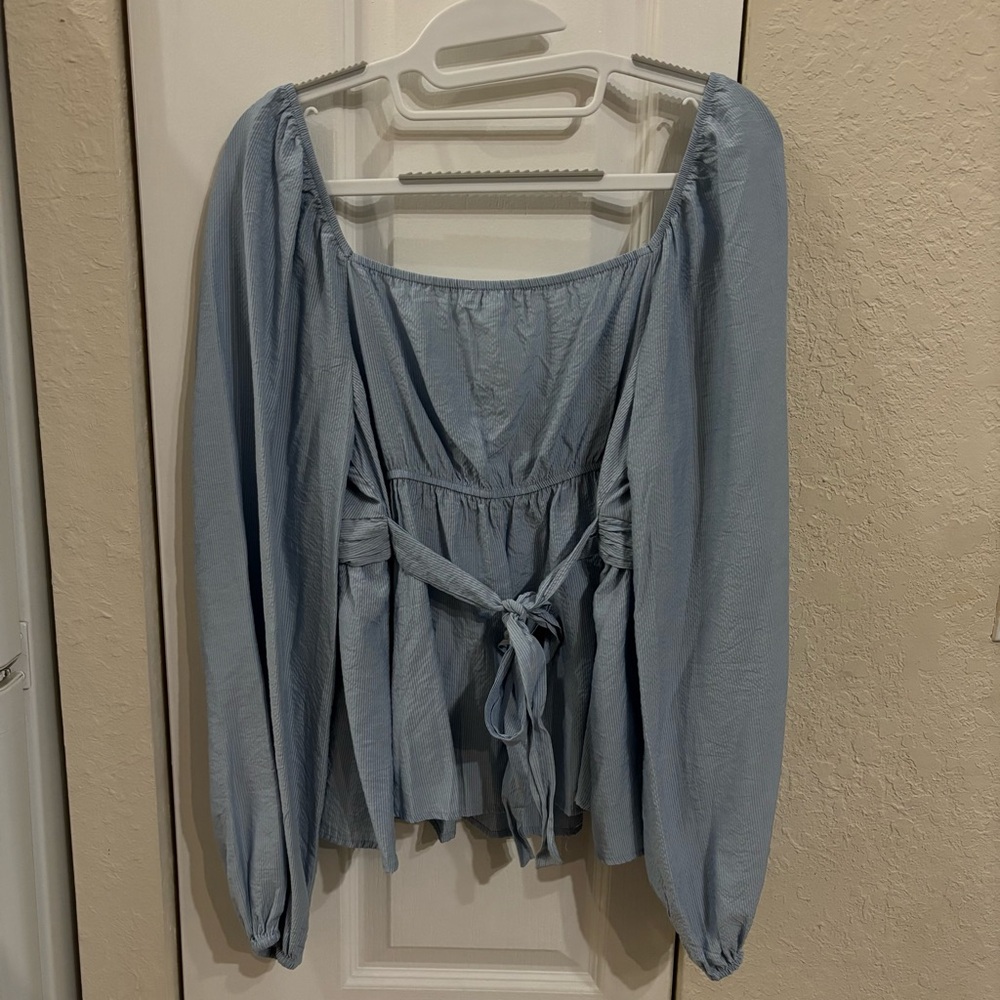Anthropologie Mine Y2K Blue Faux Wrap Pinstripe Long Sleeve Top - Picture 2 of 6
